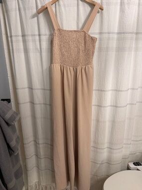 Women's Beige Smocked Jumpsuit with Wide Straps